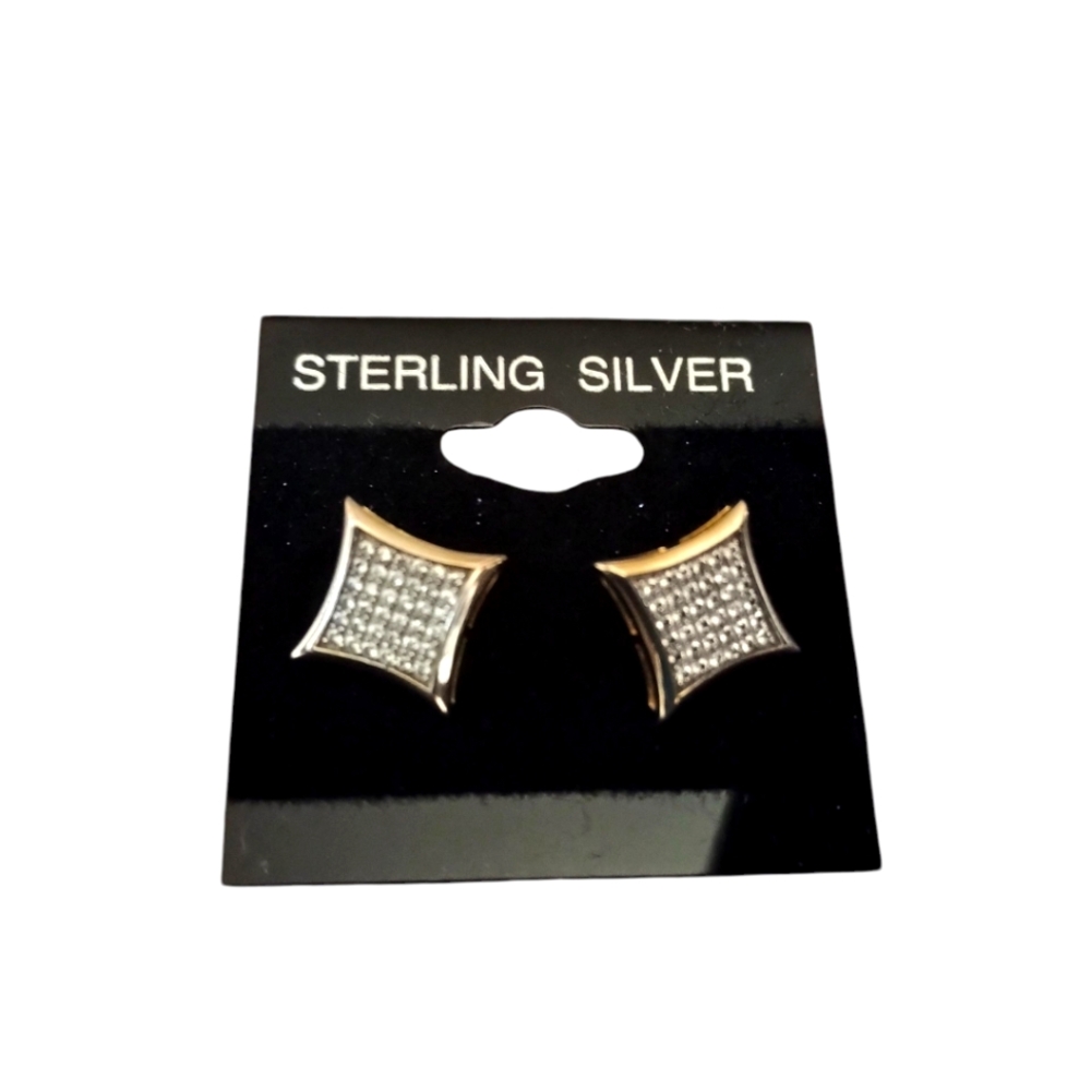 New Unisex CZ 925 Fine Sterling Silver Iced Out 14k Overlay 8mm Stud Earrings